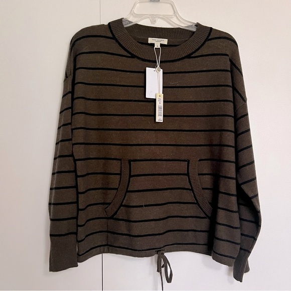 NWT Max Studio Drawstring Hem Pullover Sweater Olive Green Black Striped Small - Picture 1 of 8